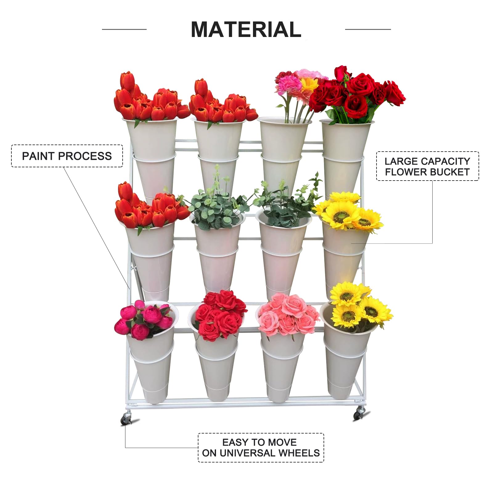 3 Tier Metal Flower Display Stand Frame with 12pcs Buckets