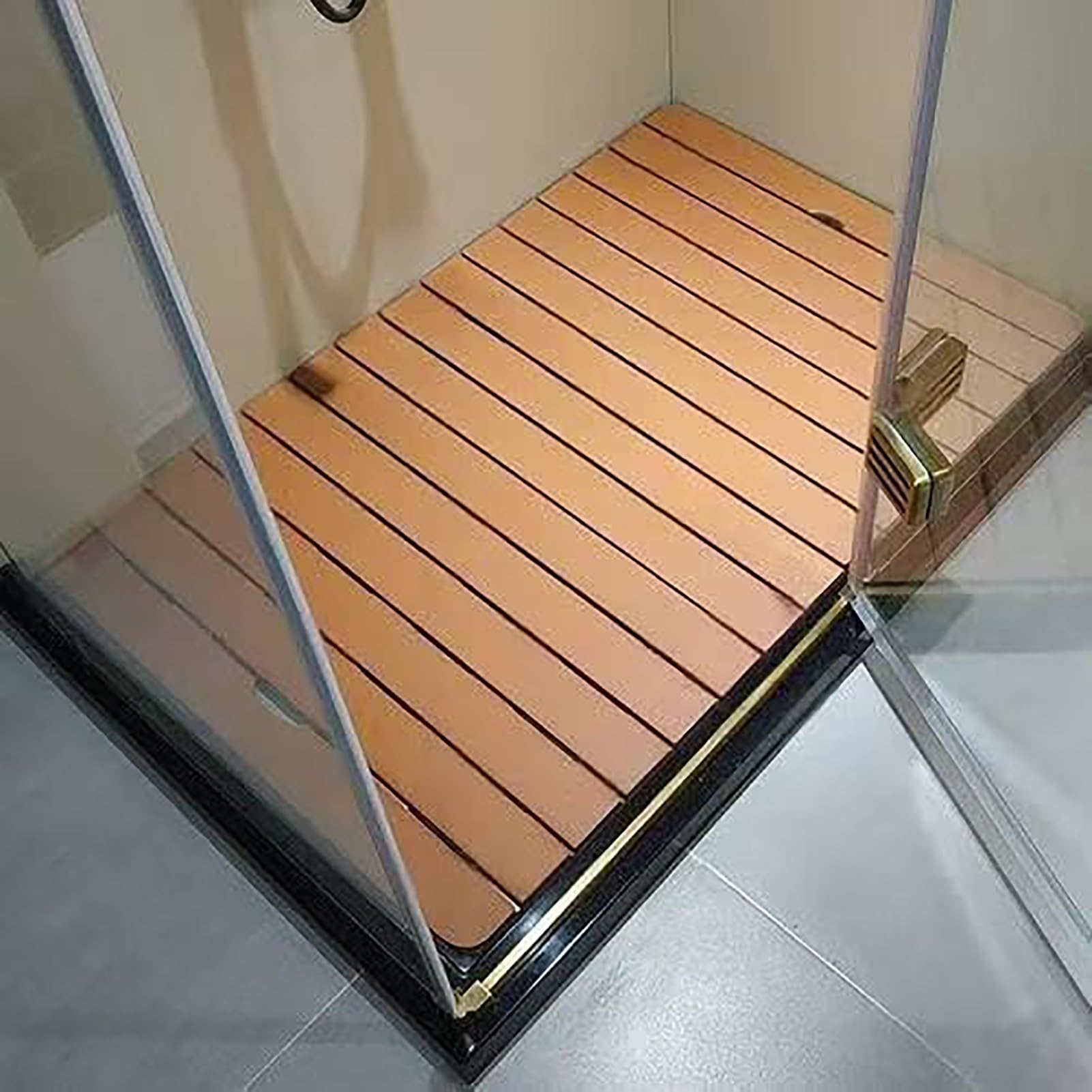 QIYFOZ Teak Wood Shower Mat - Anti-Slip Bath Mat with Center Drain, Elevated Design for Spa, Sauna, Pool, Outdoor Use - 20" to 44"
