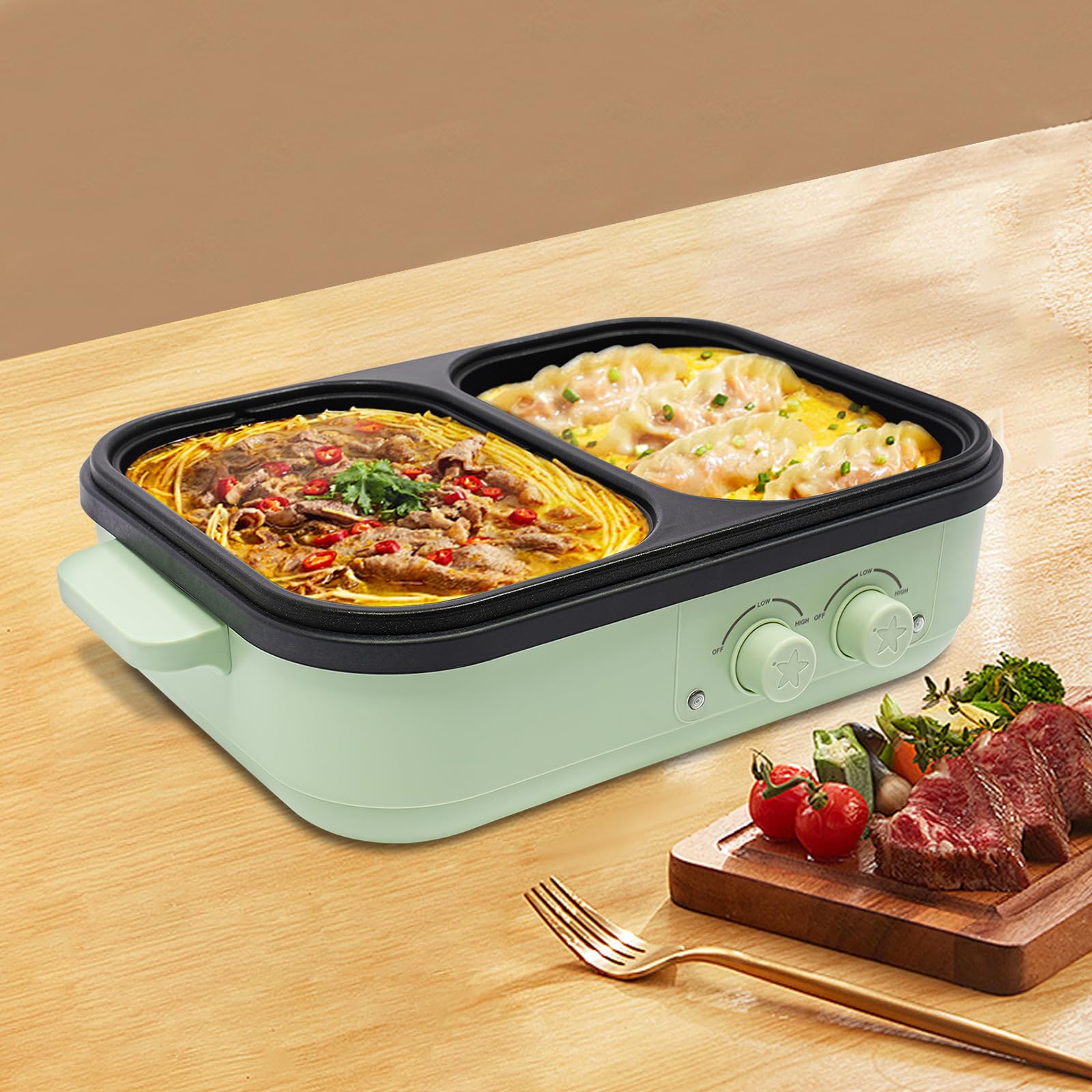 Elektrischer Hot Pot und Tischgrill 2 in 1 Kochtopf, 1300W Dual Use Elektrisch Korean Barbeque mit 2 unabhängiger Temperaturregelung für 1-3 Personen Für Haushalten, Familienfeiern