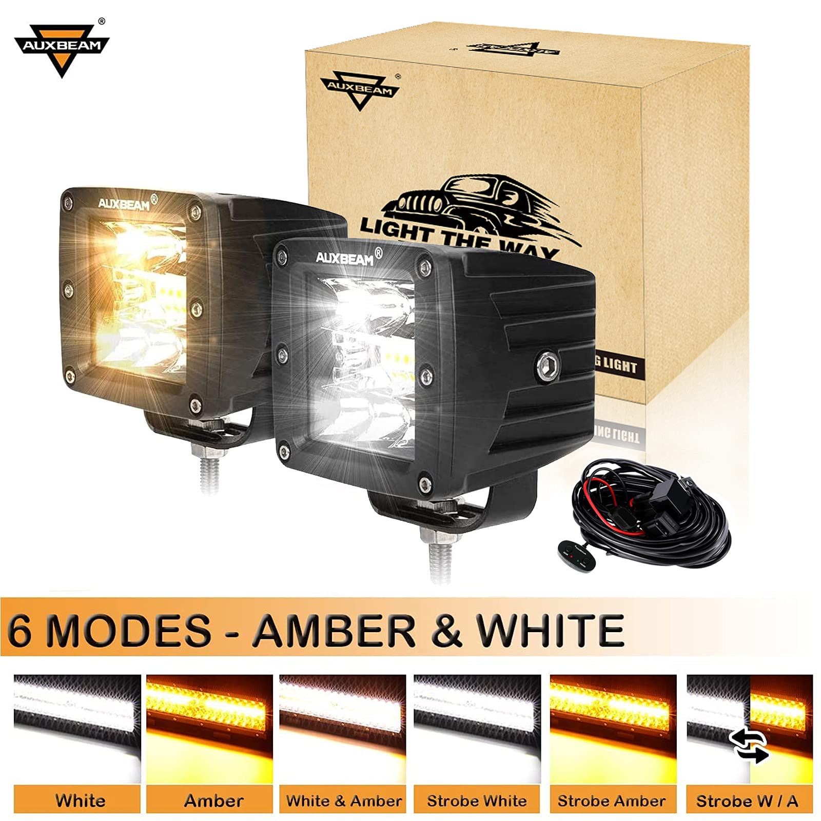 Auxbeam 3 Inch LED Pod 39W LED Cube Light Bar Amber/White Work Light