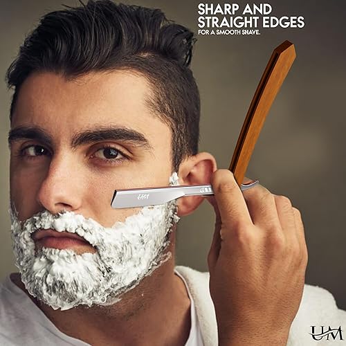 Miniatura 5 de UM Supplies Navajas de afeitar rectas para hombres  Kit de navaja de barbero profesional con borde recto y 10 cuchillas de un solo filo