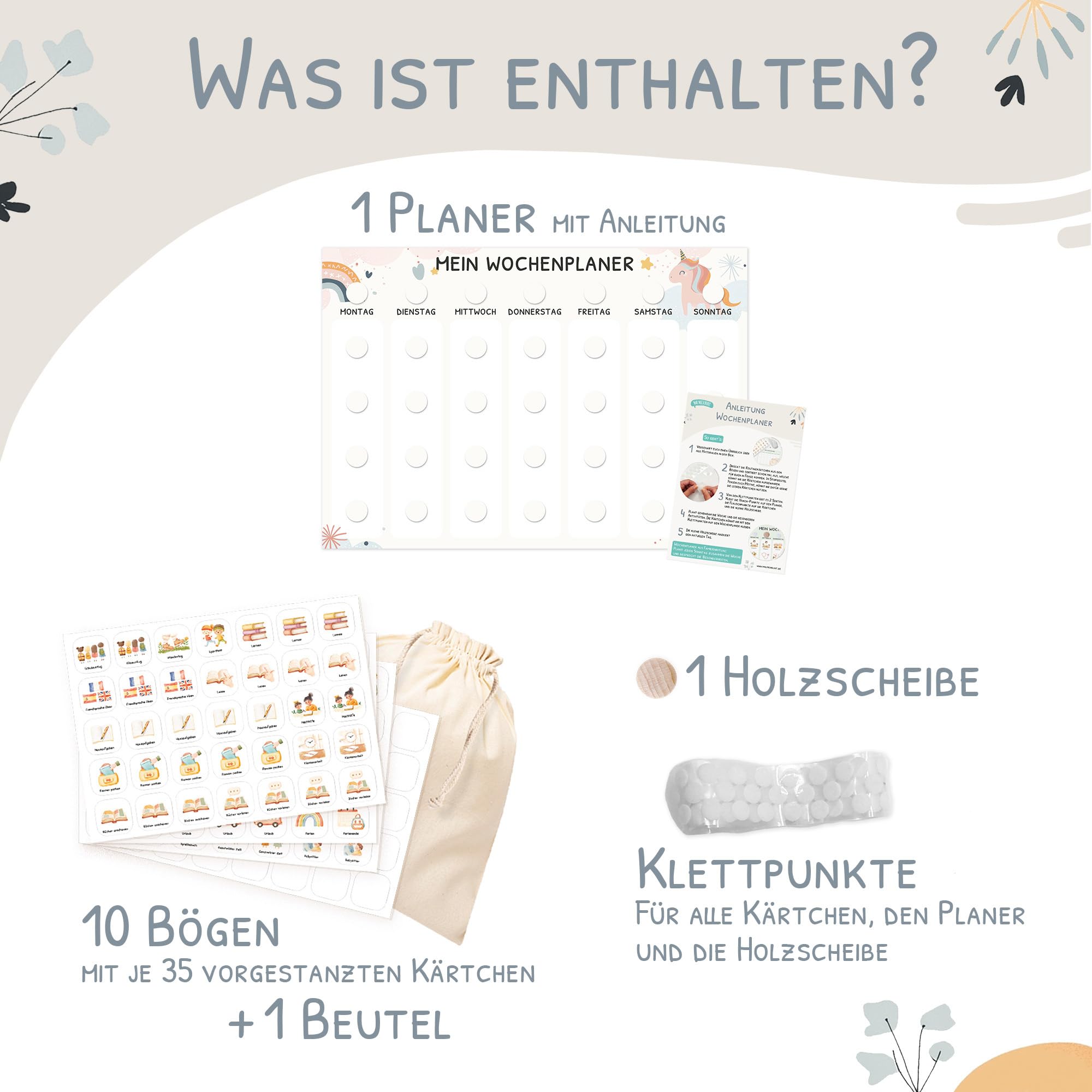 Wochenplaner Kinder mit Klettpunkten, Montessori Tagesplan mit 350 Routinekarten – visueller Routineplaner für Kinder, Familienplaner für mehr Struktur im Alltag (Einhorn)