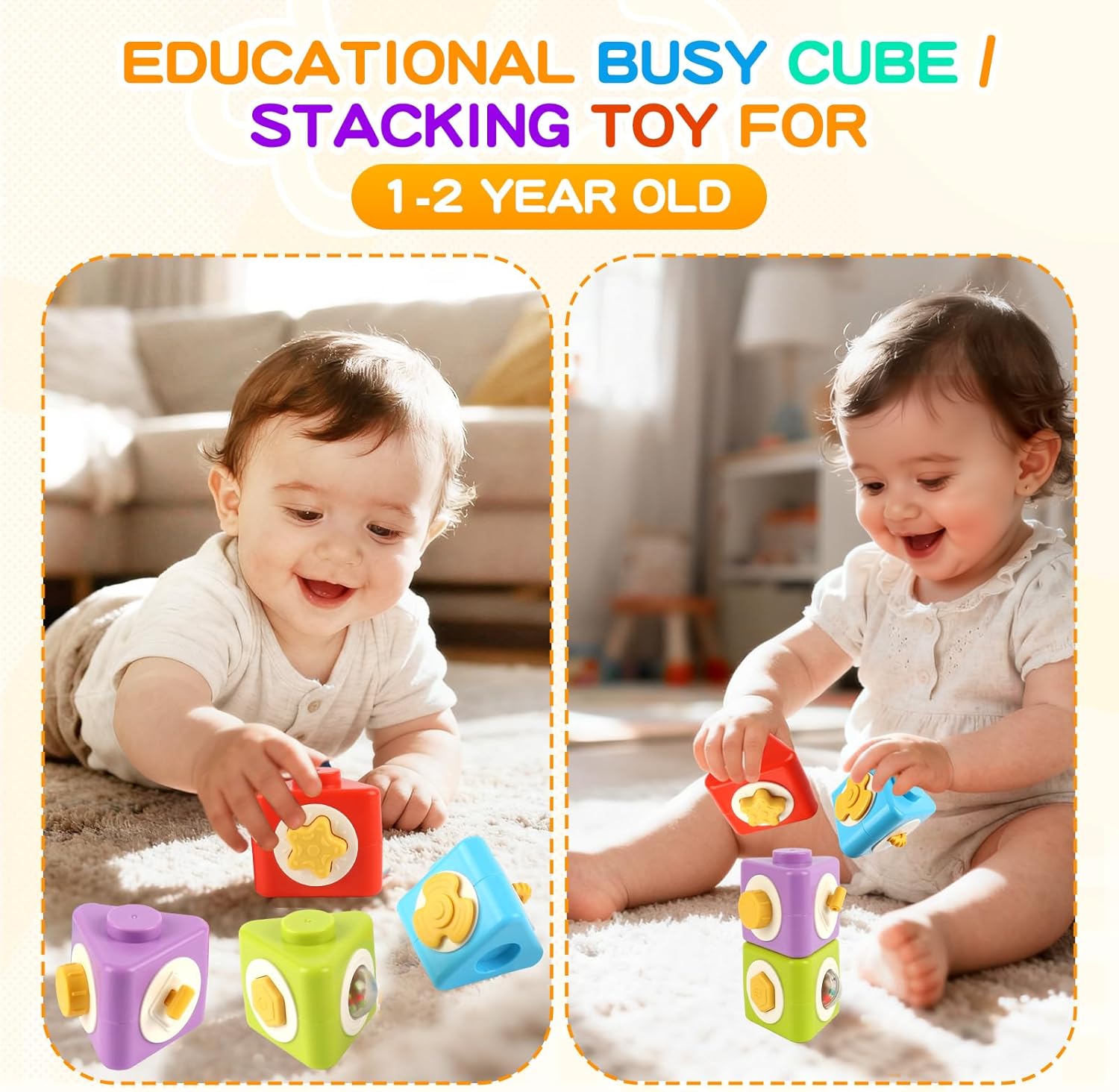 Montessori Activity Cube & Busy Board for 1 Year Old - 12-in-1 Travel Toys for Airplane & Car, Educational Activity Stacking & Sensory Toys for Toddlers 1-2, Easter Basket Stuffers for Toddler