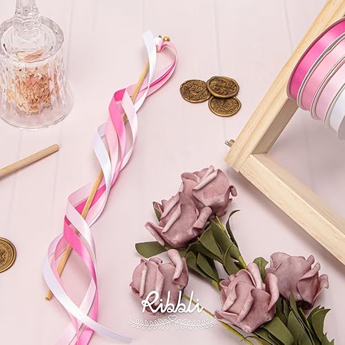 Miniatura 3 de Ribbli Cinta de satén rosa claro de doble cara de satén de 38 pulgadas x 50 yardas, cinta rosa claro para envolver regalos, manualidades, decoración