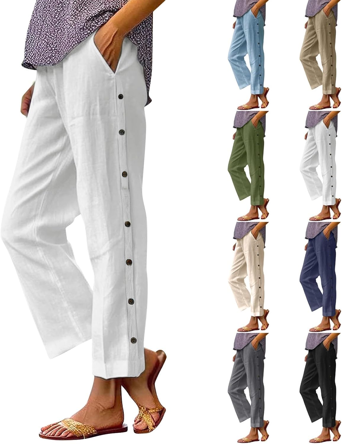 Linen Capri Pants for Women Summer Straight Wide Leg Loose Elastic Waist Cropped Trouser Side Button with Pockets