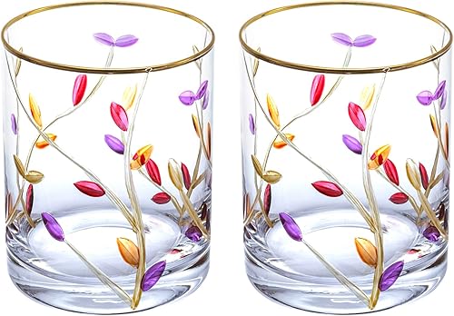 Miniatura 6 de MyGift Vasos transparentes de 16 onzas con elegante diseño de hojas moradas, vino sin tallo, whisky, cristalería de jugo, juego de 2