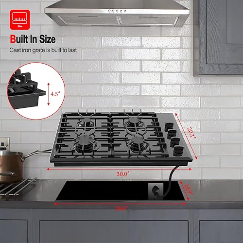 Miniatura 6 de GASLAND Chef PRO GH2304ES - Placa de cocina a gas de 30 pulgadas, color negro, 4 quemadores sellados Italia Sabaf, enchufe de cable de 3.9 pies,