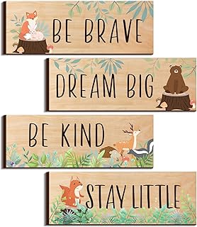 4 Pieces Woodland Nursery Decor Kids Cute Safari Room Decor Nursery Decorations for Baby Girl Bedroom Toddler Room 11x 3.9 Inches (Light Brown Background,Cute Animals)