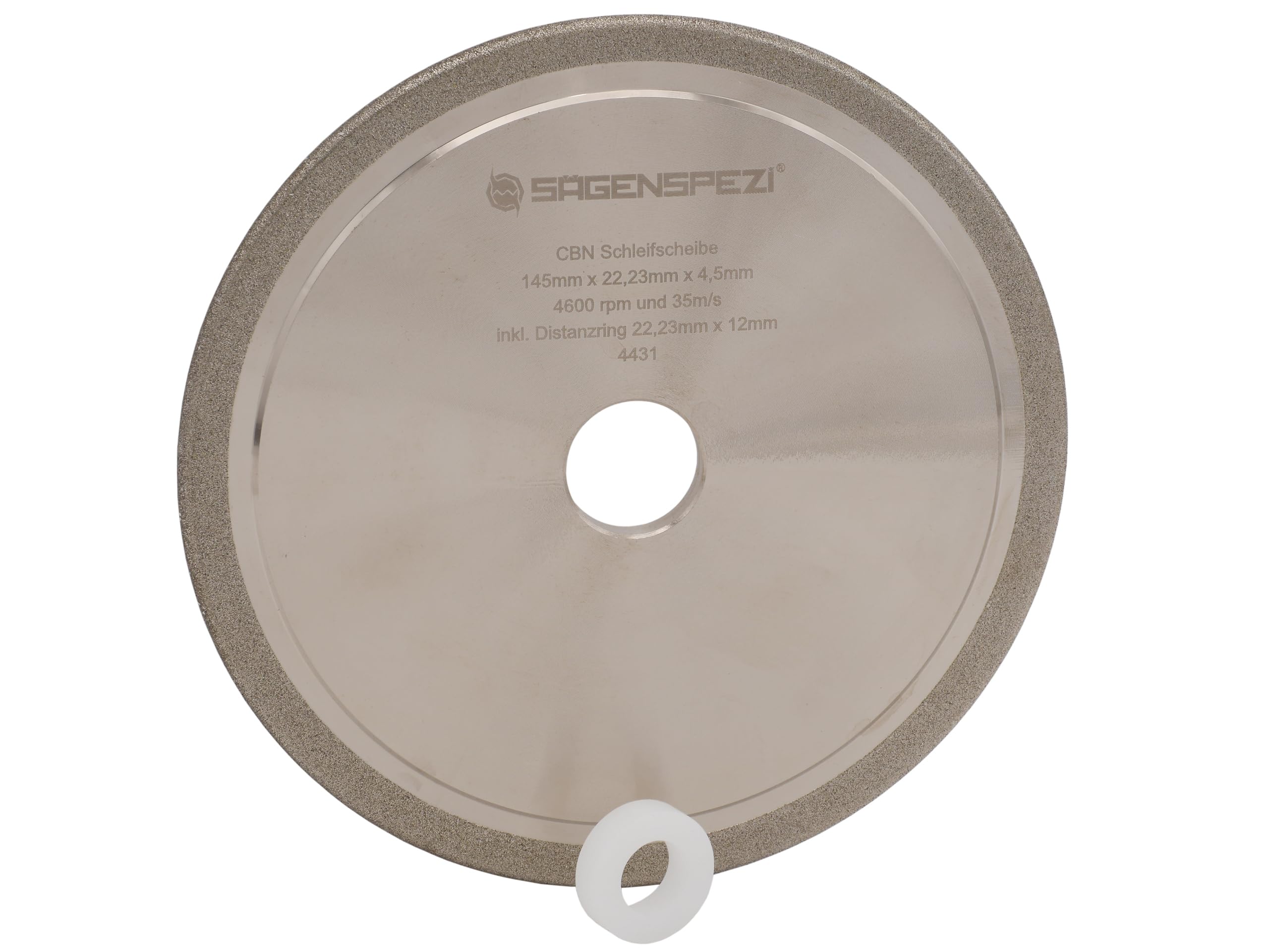 SÄGENSPEZI Muela de amolar CBN 145 × 22,23 × 4,5 mm – Rectificadora profesional para cadenas estándar y de carburo de tungsteno, galvanizada, uso húmedo/seco, incluye adaptador de 12 mm