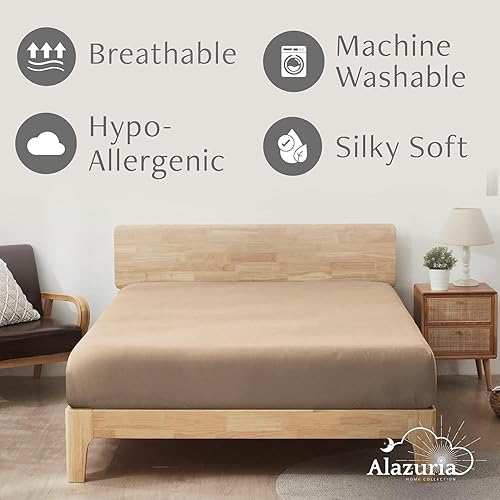 Miniatura 4 de Alazuria Sábana bajera ajustable tamaño Queen color amarillo mostaza de 1 pieza para colchón de 12 a 16 pulgadas de profundidad, calidad prémium de