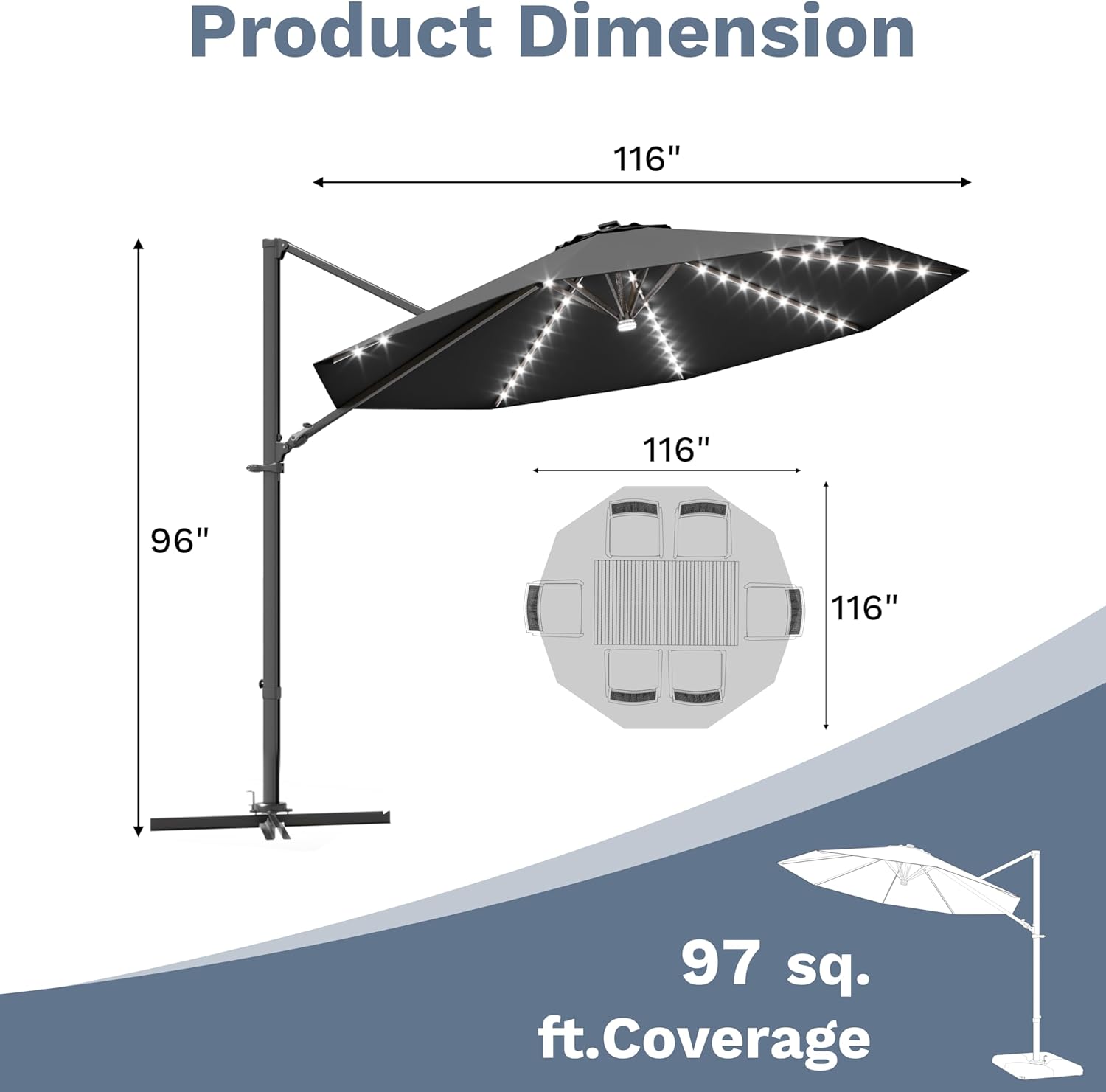 Diagram showing product dimensions: 116 inches wide, 96 inches high, 97 sq. ft. coverage