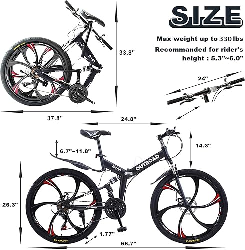 Miniatura 5 de Max4out Bicicleta de montaña plegable de 26 pulgadas, bicicleta de suspensión completa de 21 velocidades con acero de alto carbono, freno de disco