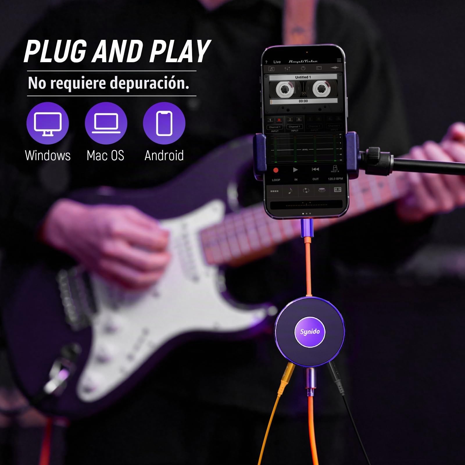 Synido Interfaz de audio portátil para guitarra con USB-C 24 bits, mini interfaz 48 kHz para grabar y transmitir música con entrada de instrumento y monitoreo de auriculares