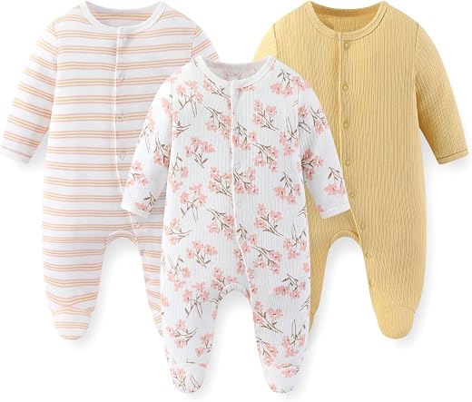 JELYLOVE Unisex Baby Boy Girl Footies Rompers Cotton Long Sleeve 3 Pack Infant Jumpsuits 0-12Months Babies' Outfits