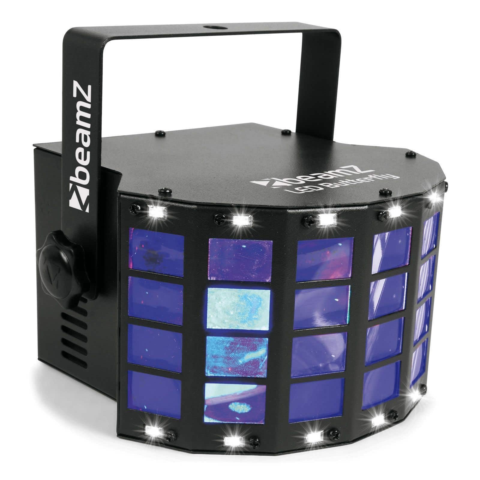 Beamz Butterfly avec Stroboscope - Projecteur 3x LED RVB, 3W chacune, Effet 2 en 1, Stroboscope 14 LED, Show Préprogrammés, Plug & Play, Idéal pour Animation DJ et Soirées