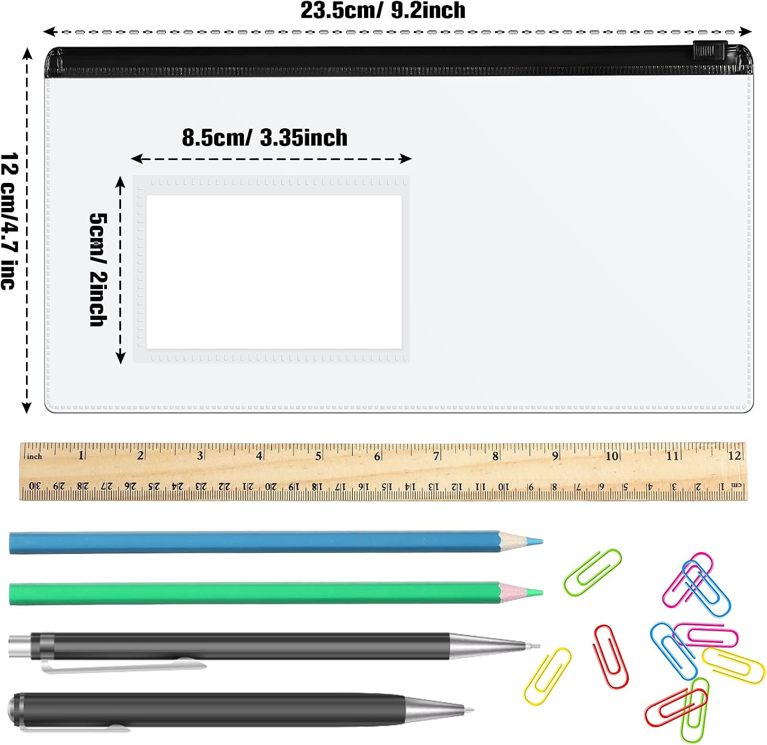 Frienda 100 Pieces Clear Pencil Case Zipper Envelope Bulk with Label Pocket Blank Cards 9.2 x 4.7 Inches Clear Plastic Envelopes with Zippered, A6 Pencil Bags for Cash, Office Supplies(Black)