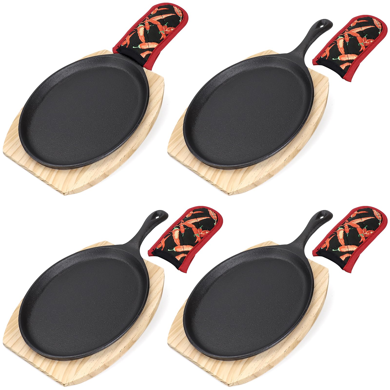 4 Pack Cast Iron Fajita Serving Set, Large Oval Sizzler Plates with Wooden Trays & Heat Resistant Mitts, Heavy Duty Sizzling Skillet Pans for Restaurant BBQ Home Party Catering