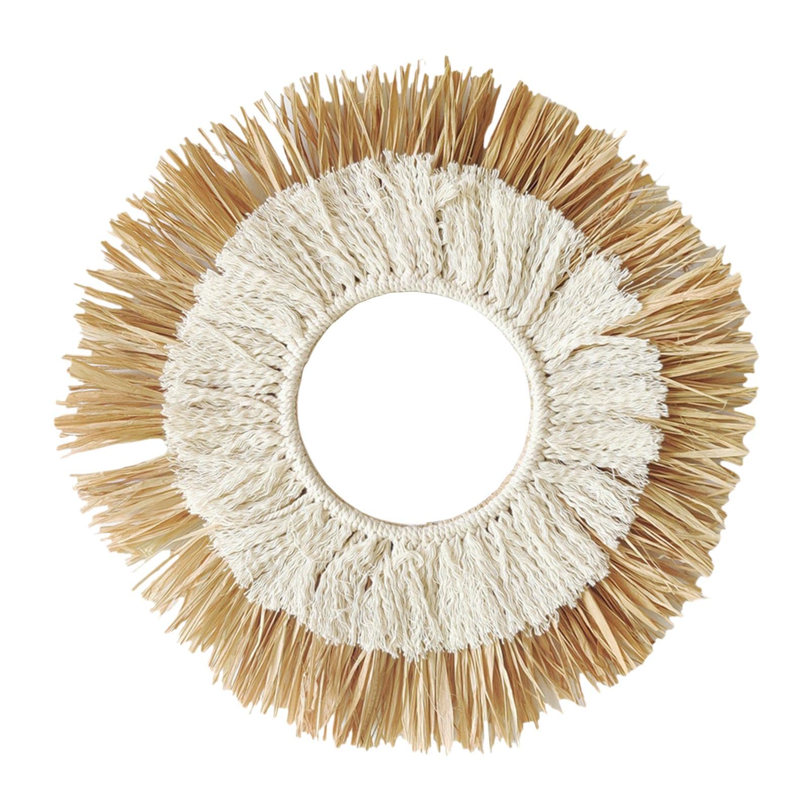 Milageto Adorno de pared de paja de madera redonda, artesanía de arte de paja circular Retro, decoración del hogar para pasillos de dormitorio, sala de estar,