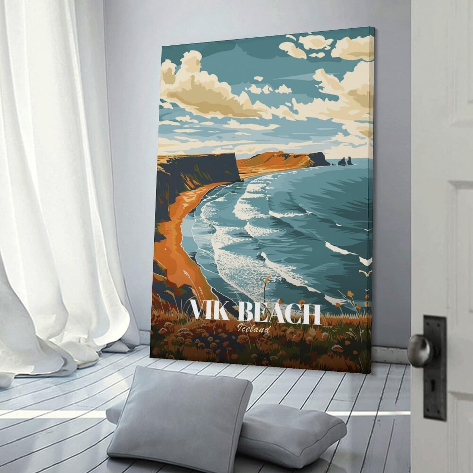 Junmoney Vik Beach Iceland Travel Canvas Wall Picture 08x12inch(20x30cm), for Study, Office Or Focused Interiors, Home Office Artwork with Decorative Appeal