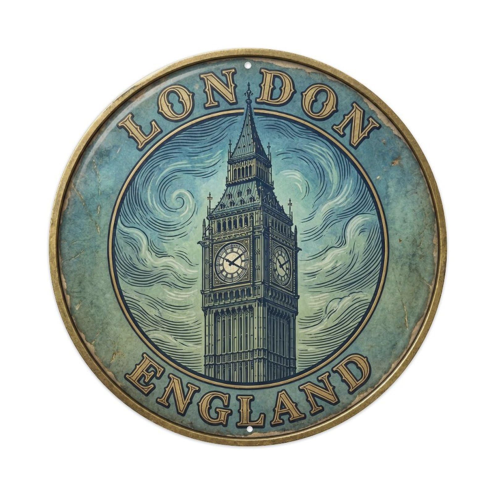 Vintage Travel England London Circle Vintage Metal Tin Sign Plaque Wall Decor for Cafe, Club Bar, Office, Garden Metal Poster 8x8Inch