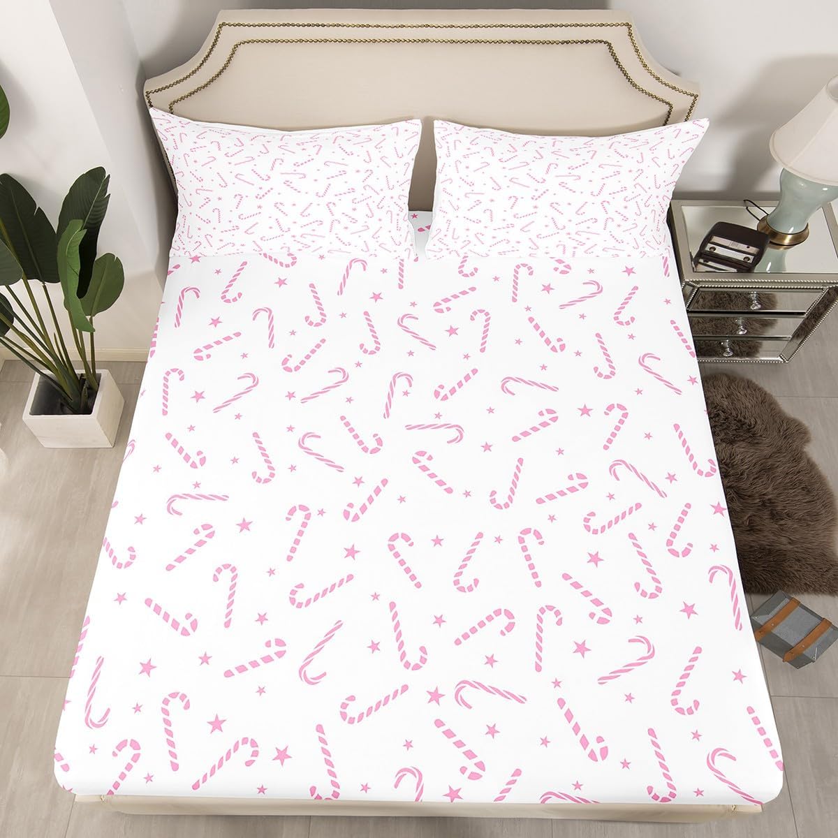 Erosebridal Pink Christmas Bed Sheets for Girls, Cartoon Christmas Candy Cane Fitted Sheet for Teenage Children, Xmas Decorations Bedding Set, Pink White Sheets, Queen Size, 2 Pillowcasess
