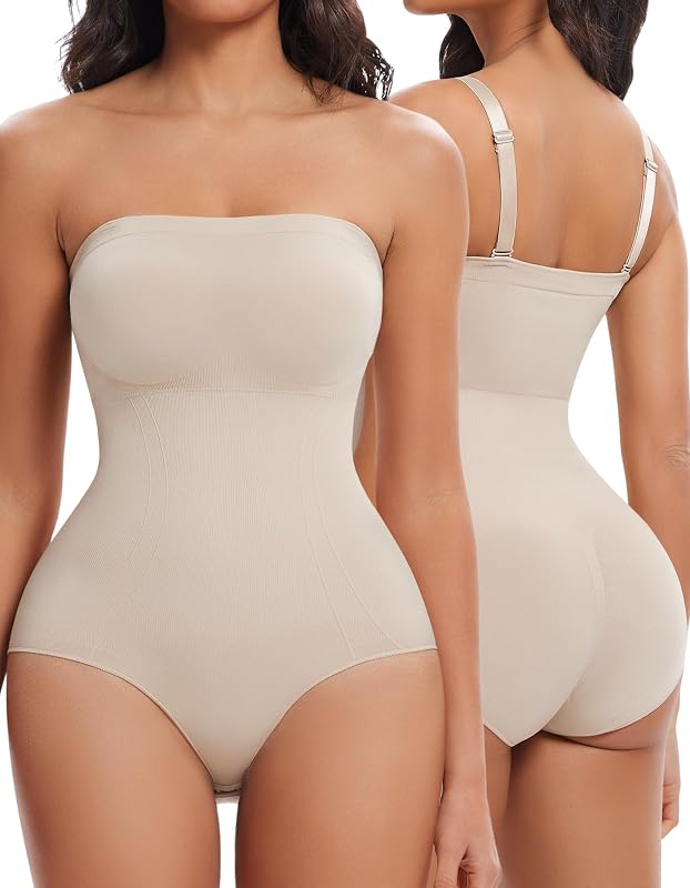 Women Strapless Shapewear Bodysuit with Built in Bra Top