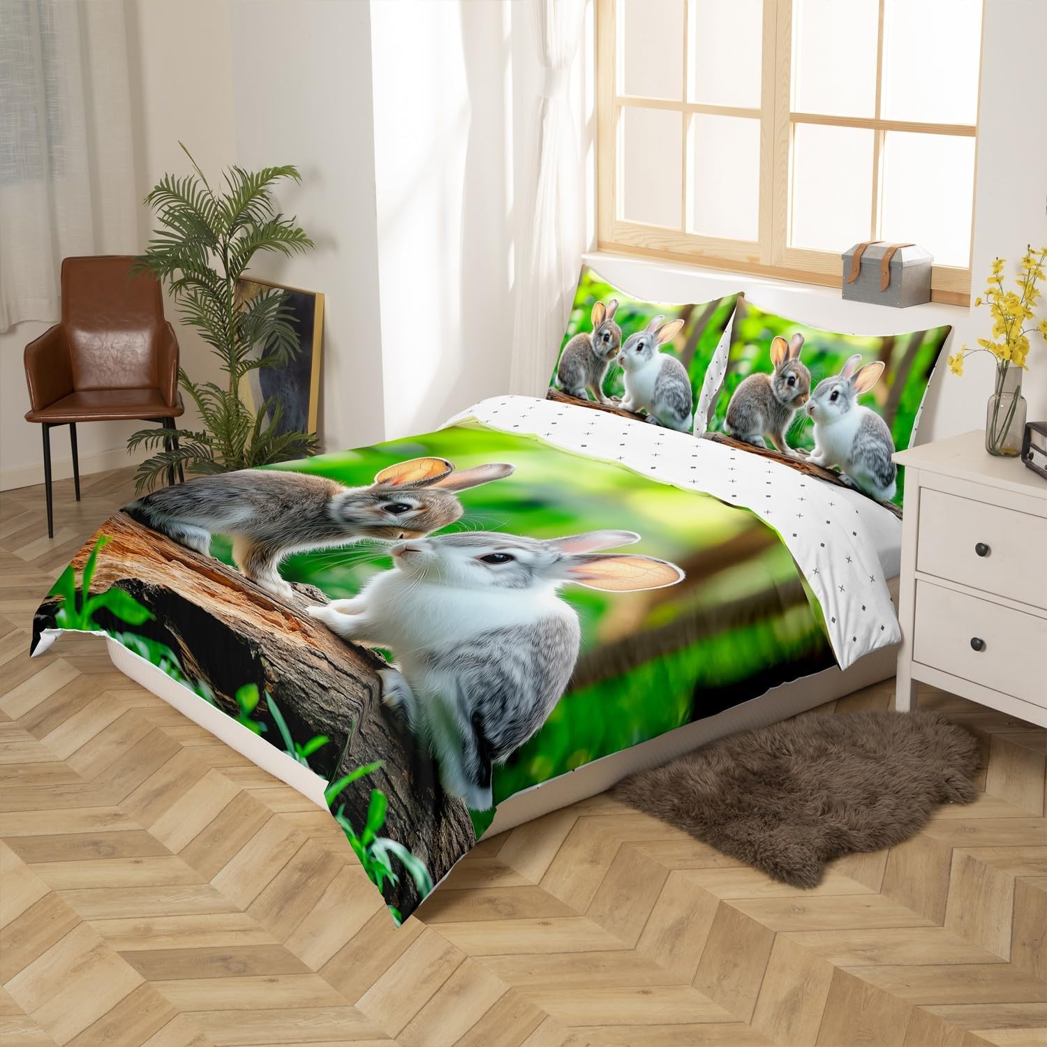 Erosebridal Rabbit Bedding Set Tree Branch Duvet Cover Green Grass Comforter Cover Set Queen Size for Boys Girls Teens Man,Rabbit Animal Bedclothes Wild Safari Theme Bedroom Decor