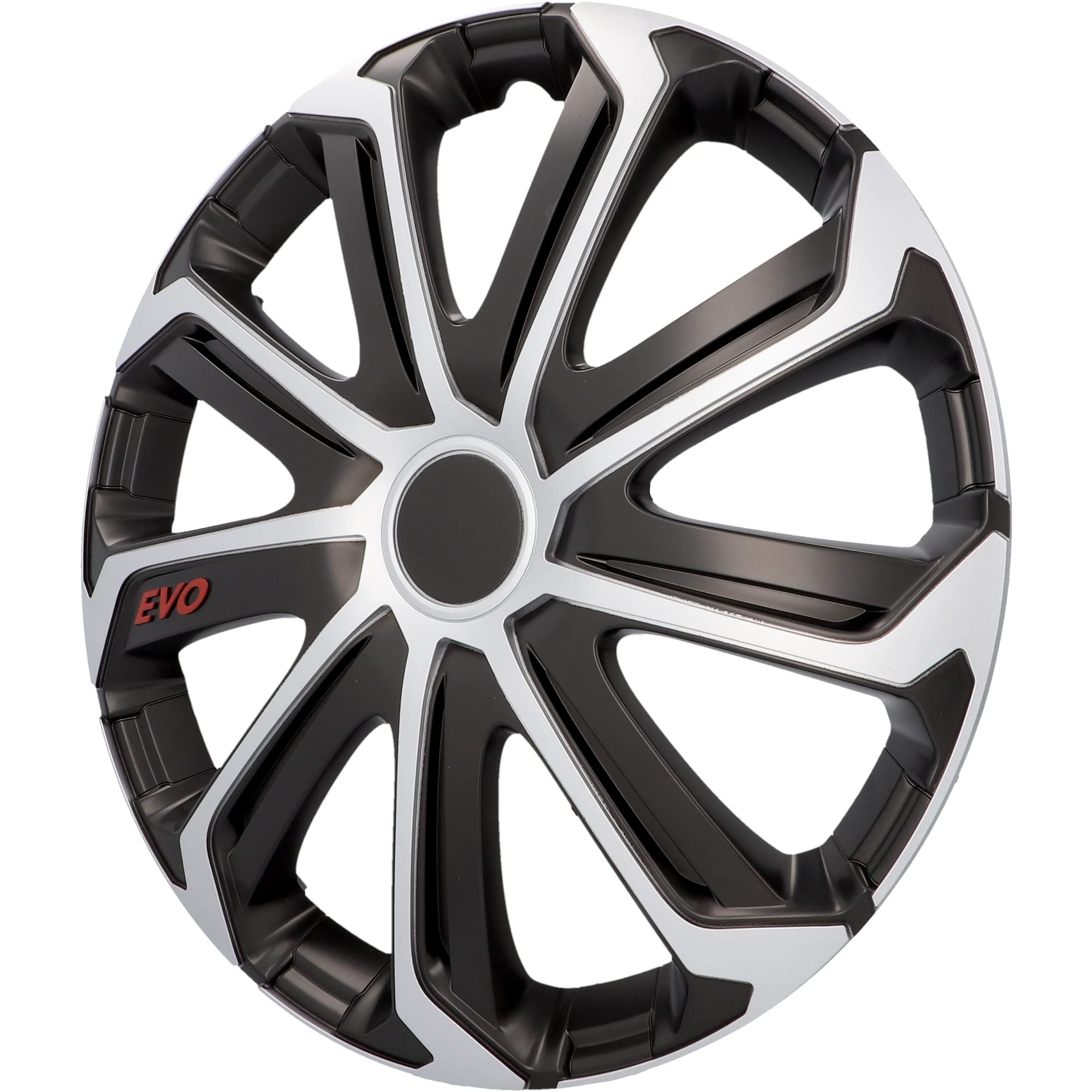 cartrend Lot de 4 enjoliveurs Evo, 16", pour Toutes Les Jantes en Acier Courants, en Plastique ABS spécial, résistant aux Chocs, Double Couche de Peinture métallique, recouvrable, Noir/argenté