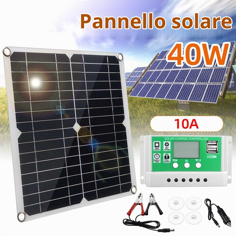 Pannello Solare 20W 12V, Pannello Solare Monocristallino + Regolatore di Carica 10 A PWM + Clip per Batteria 22% Alta Efficienza, per Sistema Off-Grid/Rimorchio/Barca/Camper