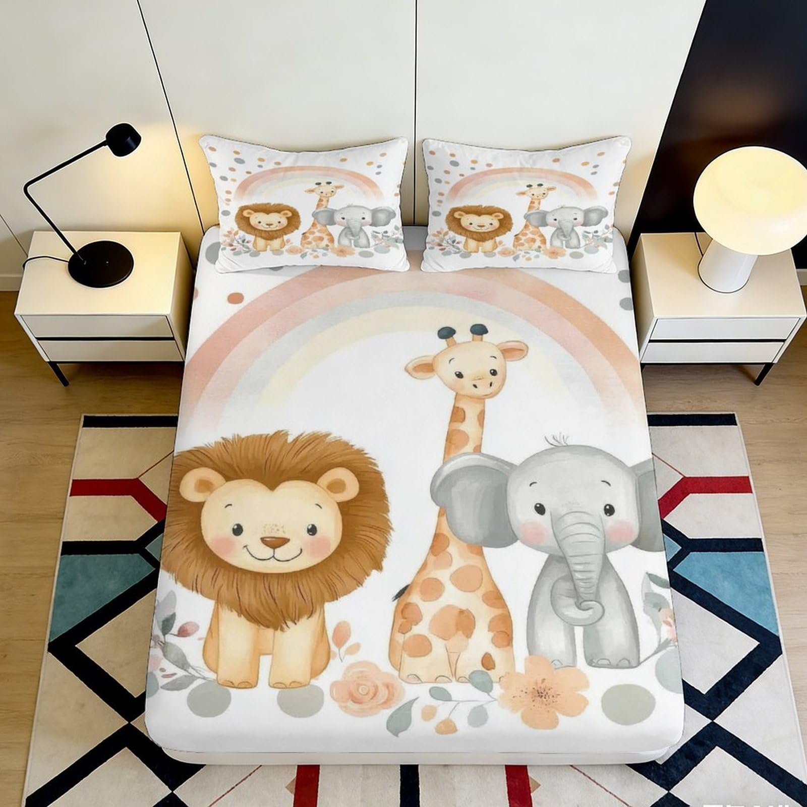 3D Printed Cartoon Lion Fitted Sheet Microfiber Soft Jungle Giraffe Elephant Mattress Cover for Bedroom Dorm Decor 90x200x25cm