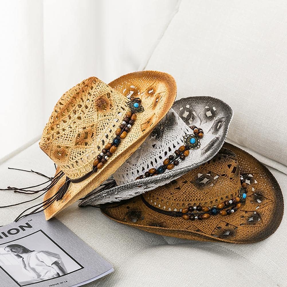 Woven Straw Cowboy Cowgirl Hat, Beach Hat Western Cowboy Hat for Clothing Costume Khaki - Image 7