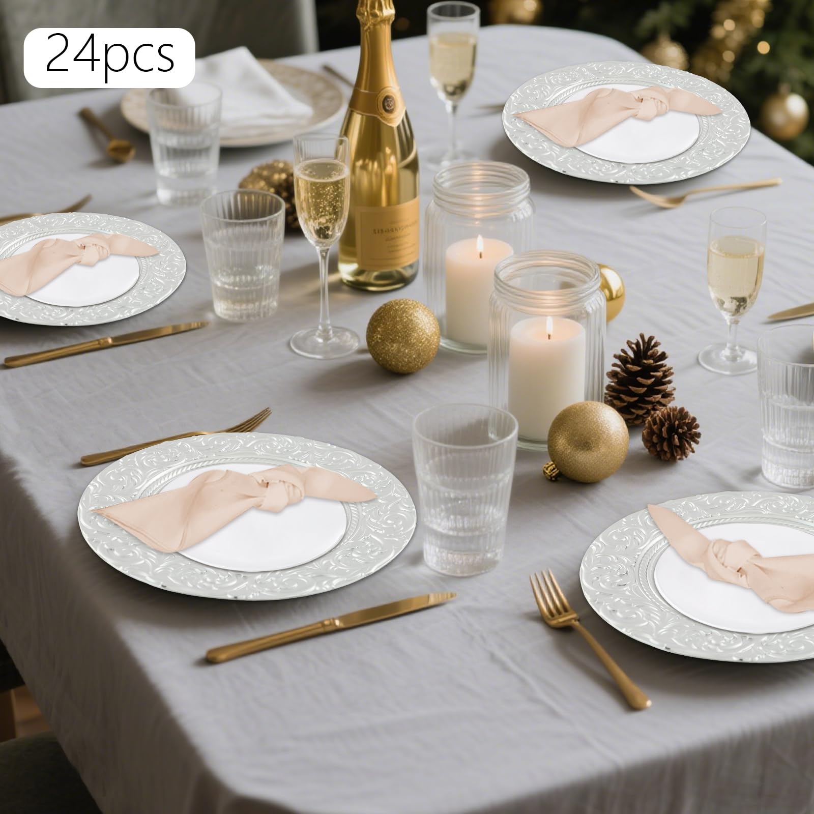 Set di 24 piatti grandi, diametro 33 cm, con bordo decorato, riutilizzabili, per feste, buffet, Natale, matrimoni, catering, grigliate e ristoranti (argento)