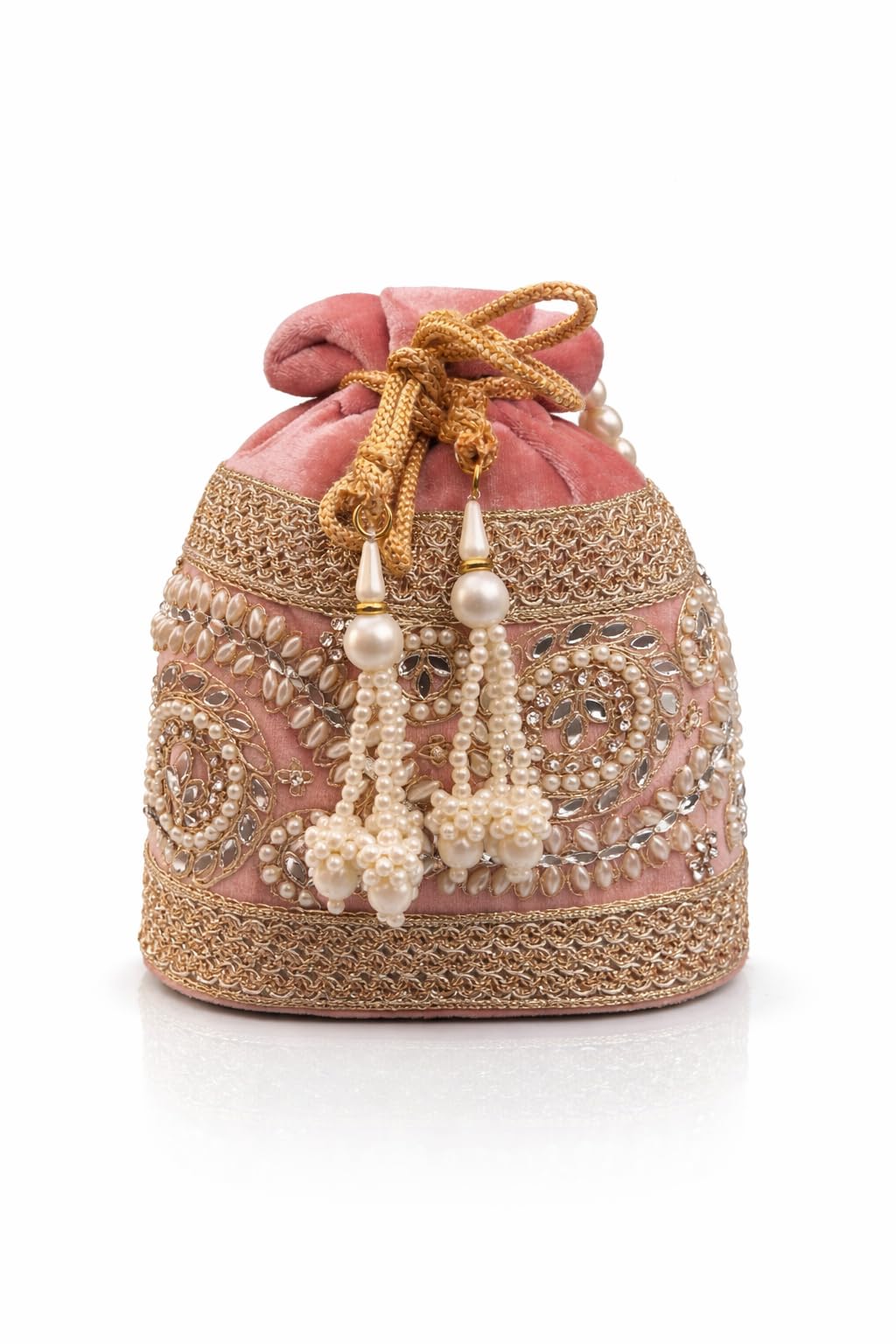 De Elmore Luxury Pink Velvet Potli Bag | Pearl & Mirror Work Indian Clutch Purse-image-44