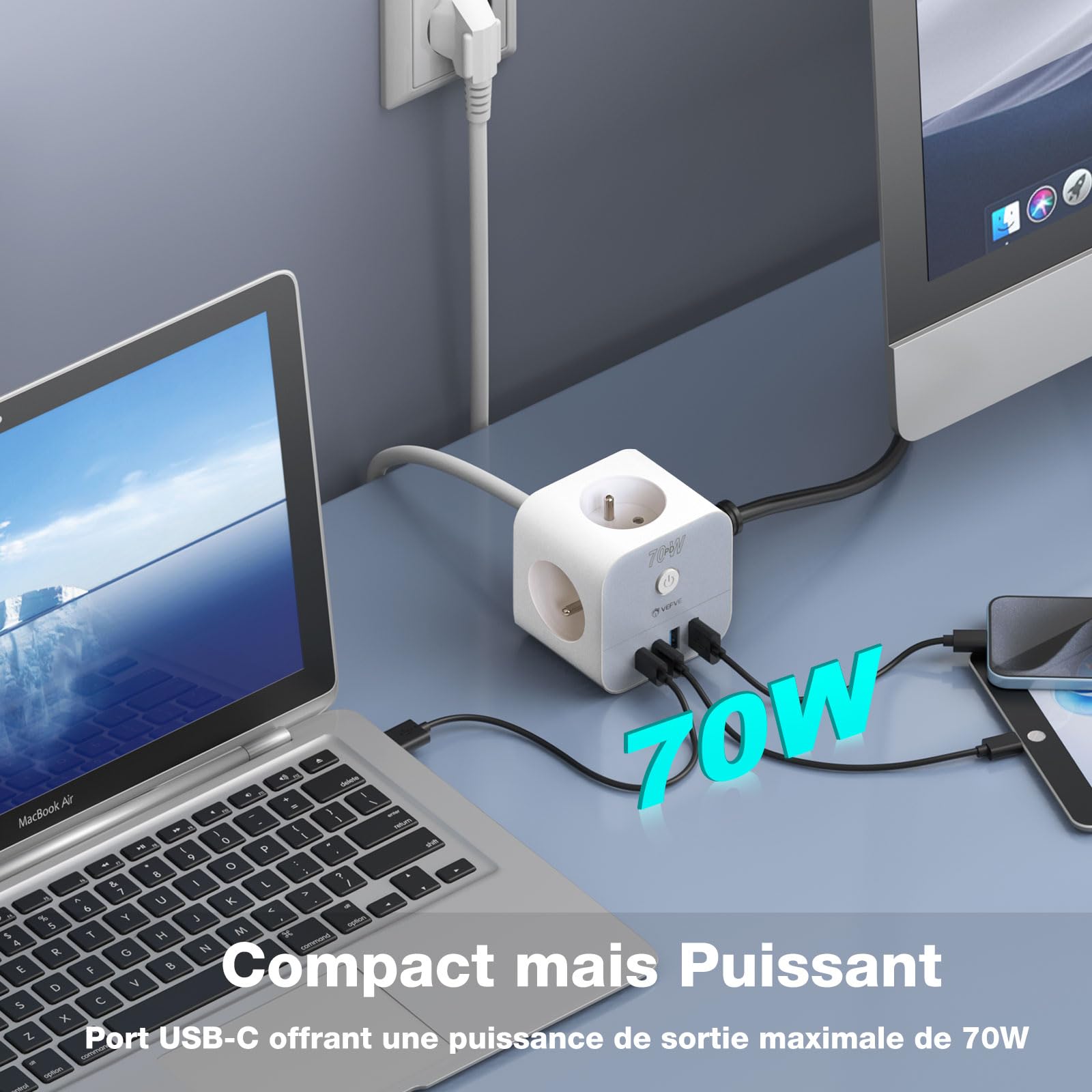 VEFVE Multiprise Cube 70W USB C GaN Blanc avec Rallonge 3m et Interrupteur