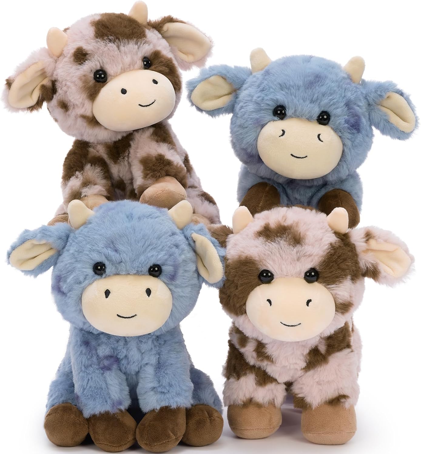 Muiteiur 4 Pcs Cow Stuffed Animal, 10 Inch Super Soft Cow Plush Toys for Kids, Cute Farm-Themed Party Decor, Gift for Children for Learning and Storytelling,Pink Blue