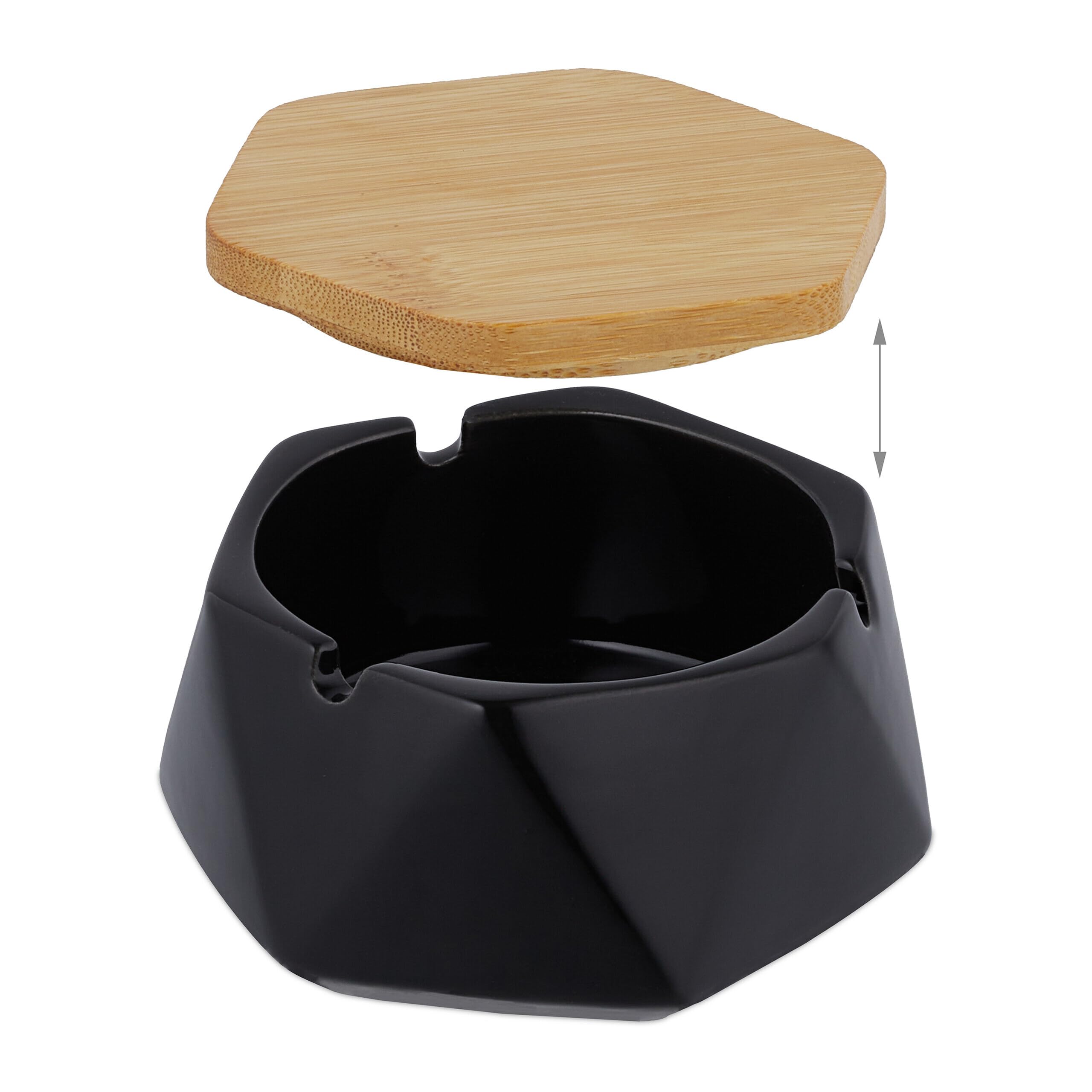 10 posacenere con coperchio, ceramica, interno ed esterno, B x T: 11,5 x 10,5 cm, posacenere antivento, nero/naturale