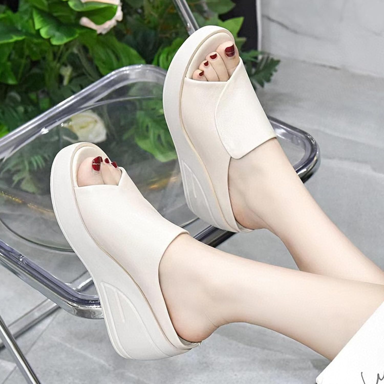 Women's Fish Mouth Platform Wedge Slippers,Lightweight Comfy Backless Mules Open Toe Non-slip Softsole Boho Beach Sandals (4.5,Beige,4.5,Women) - Image 8