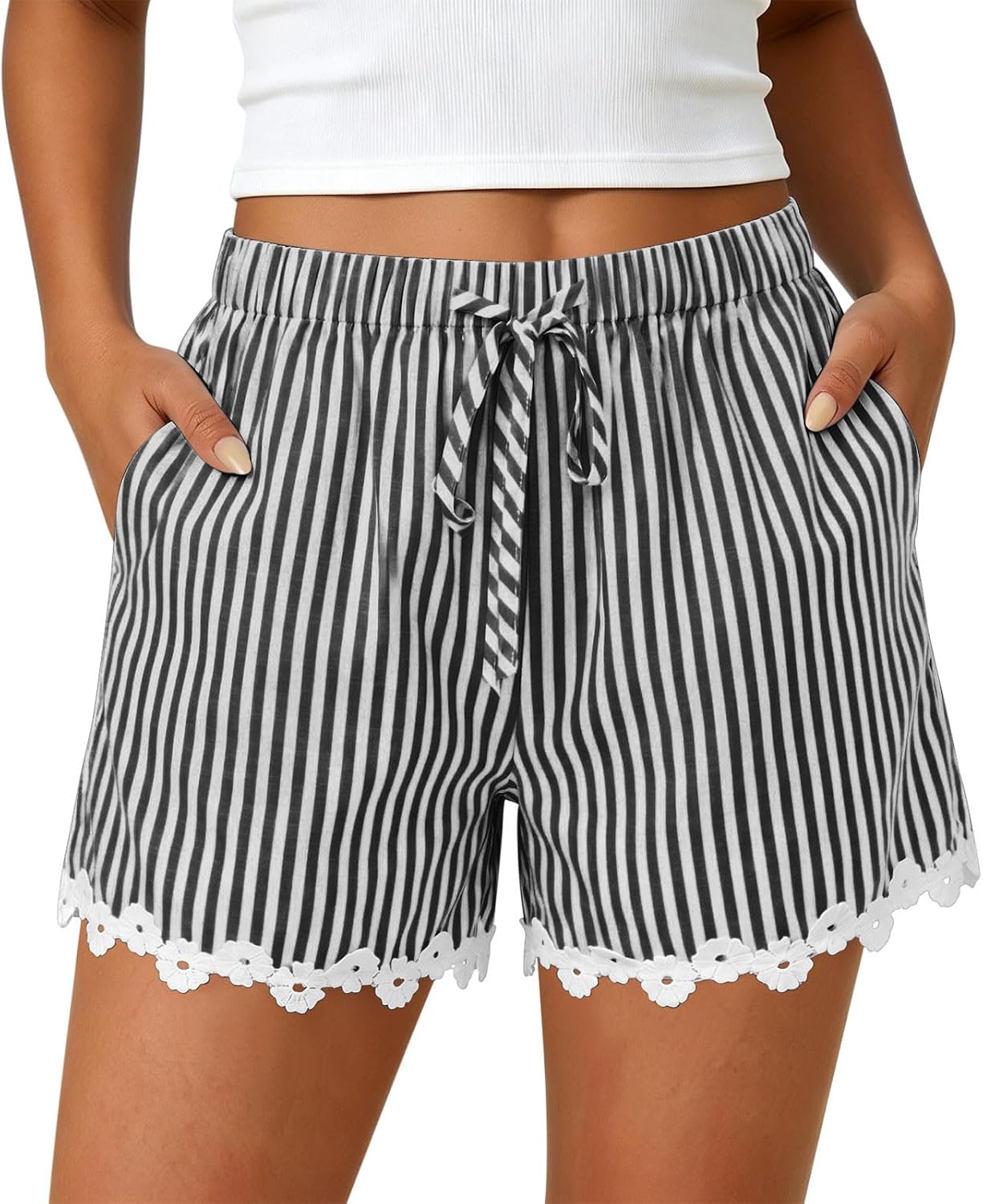 Lace Trim Shorts for Women, Casual Elastic Drawstring Beach Short | Loose Fit Shape, Smocked Tie Waist, Crochet Lace Borders, Light Weave, Hot Summer Boardwalk Resort Wear