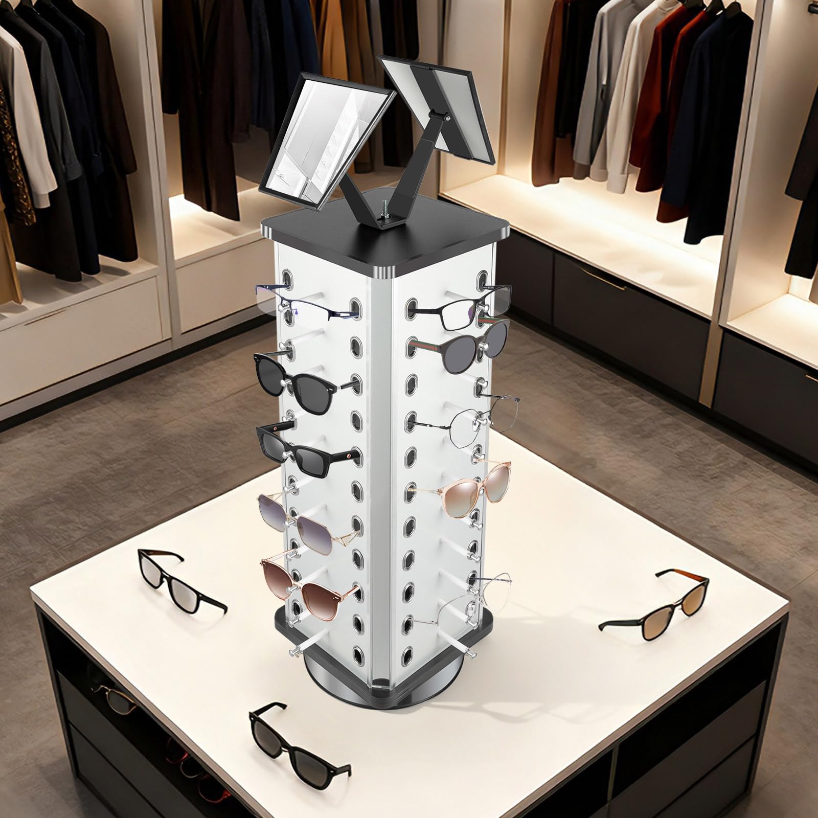 Stojak na okulary obracany o 360° z drewna i aluminium, stojak na 44 okulary przeciwsłoneczne