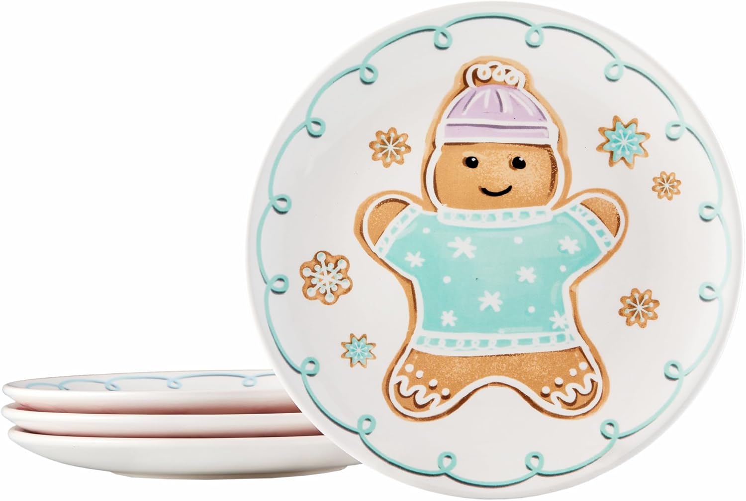Bico Pastel Gingerbread Man Salad Plates Set of 4, 8.75 Inch Ceramic Dessert Plates for Salad, Appetizer, Side Dishes, Microwave and Dishwasher Safe, Gift for Housewarming and Christmas