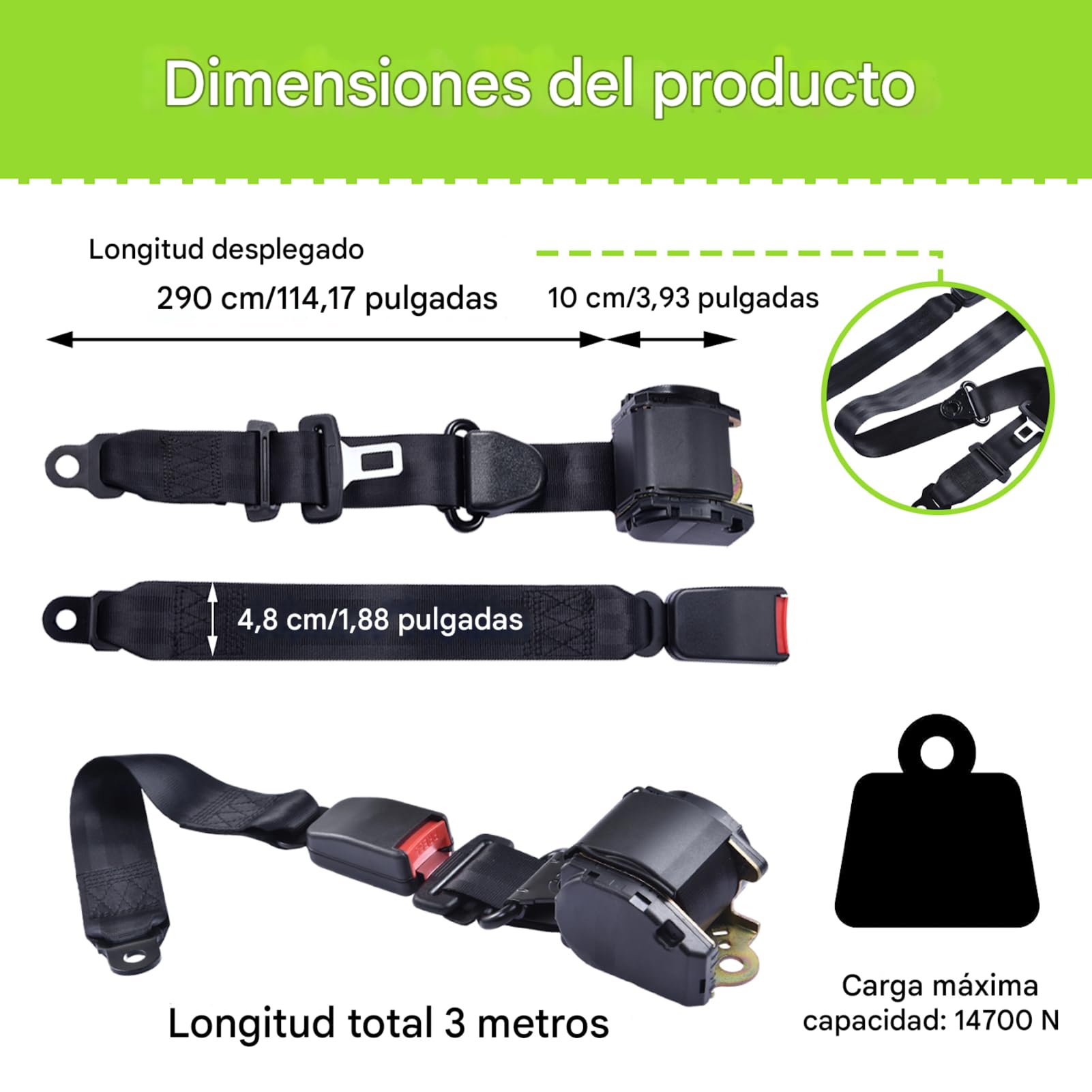 Cinturón seguridad automóvil 2 toneladas 3 puntos retráctil 300 cm certificado 3 C instalación sin herramientas, para asientos delanteros traseros – 2 piezas