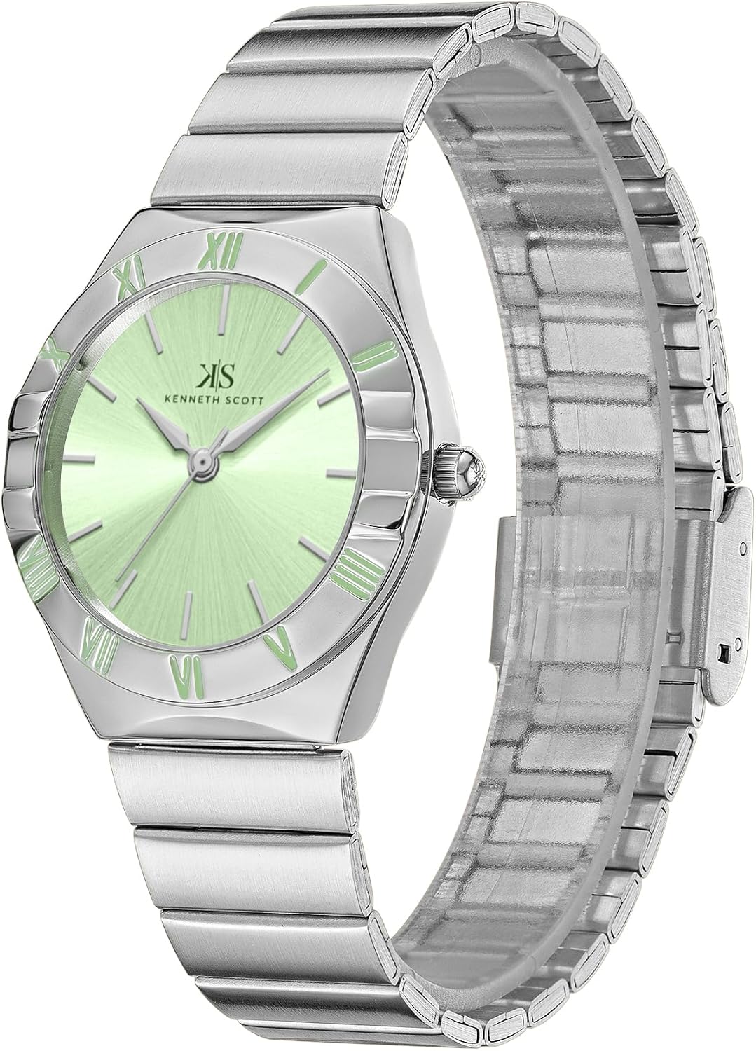 Kenneth Scott Women’s Casual Analog Watch | Green Dial, Silver Case & Strap, Round 32mm-K24506-SBSH