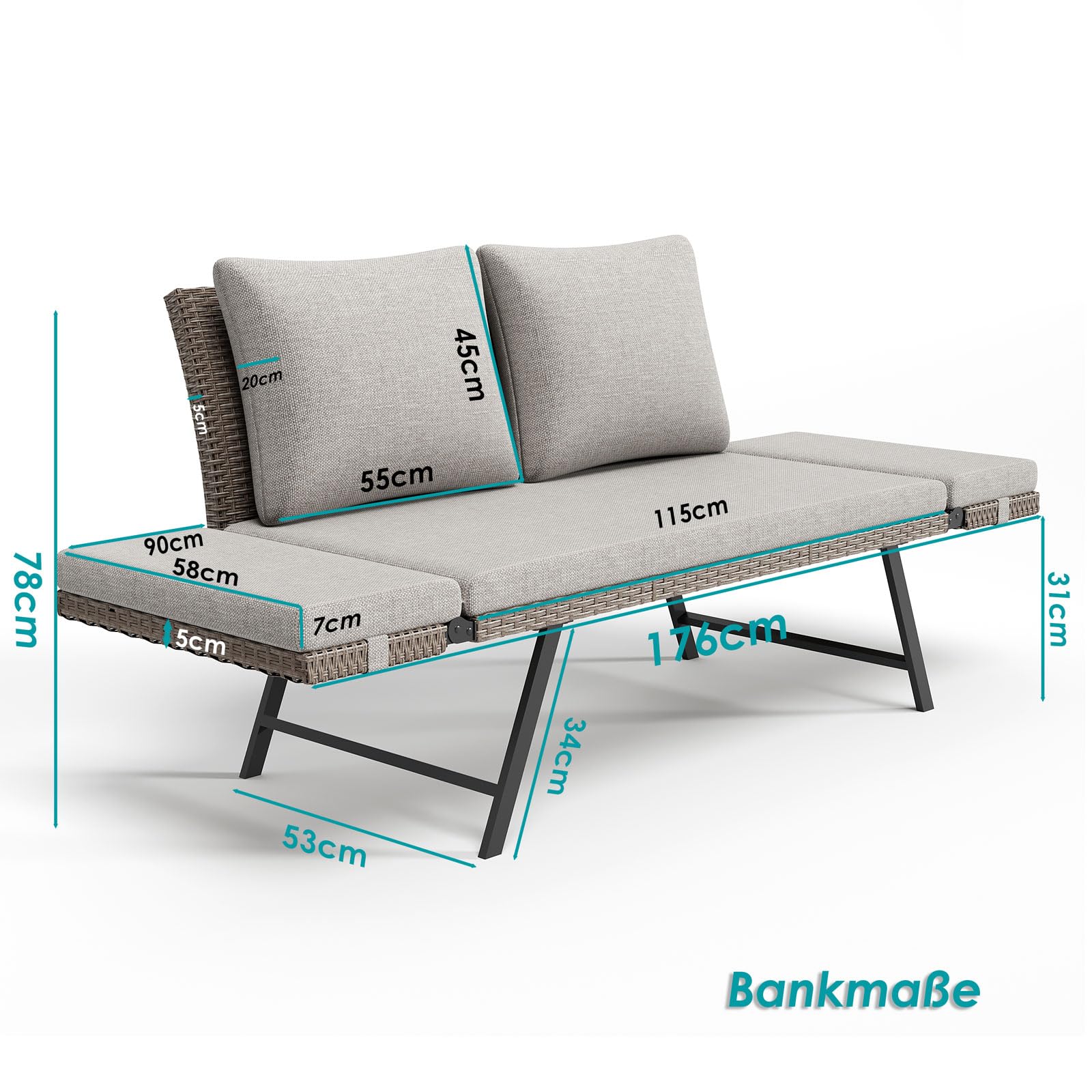 Balkonbank mit Liegefunktion,Liege Bank rattan 4-in-1 Gartenbank mit klappbaren Armlehnen,176cm Balkonsofa mit Kissen,abnehmbaren Sitzpolstern, Outdoor Lounge Sofa für Garten,Terrasse Balkon (Hell)