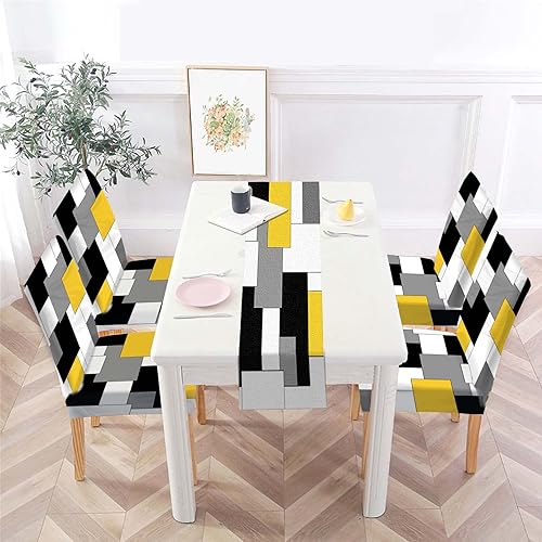 Miniatura 11 de MCALK Juego de 4 fundas para sillas de color amarillo abstracto y camino de mesa, fundas elásticas para sillas amarillas para cocina, protector de