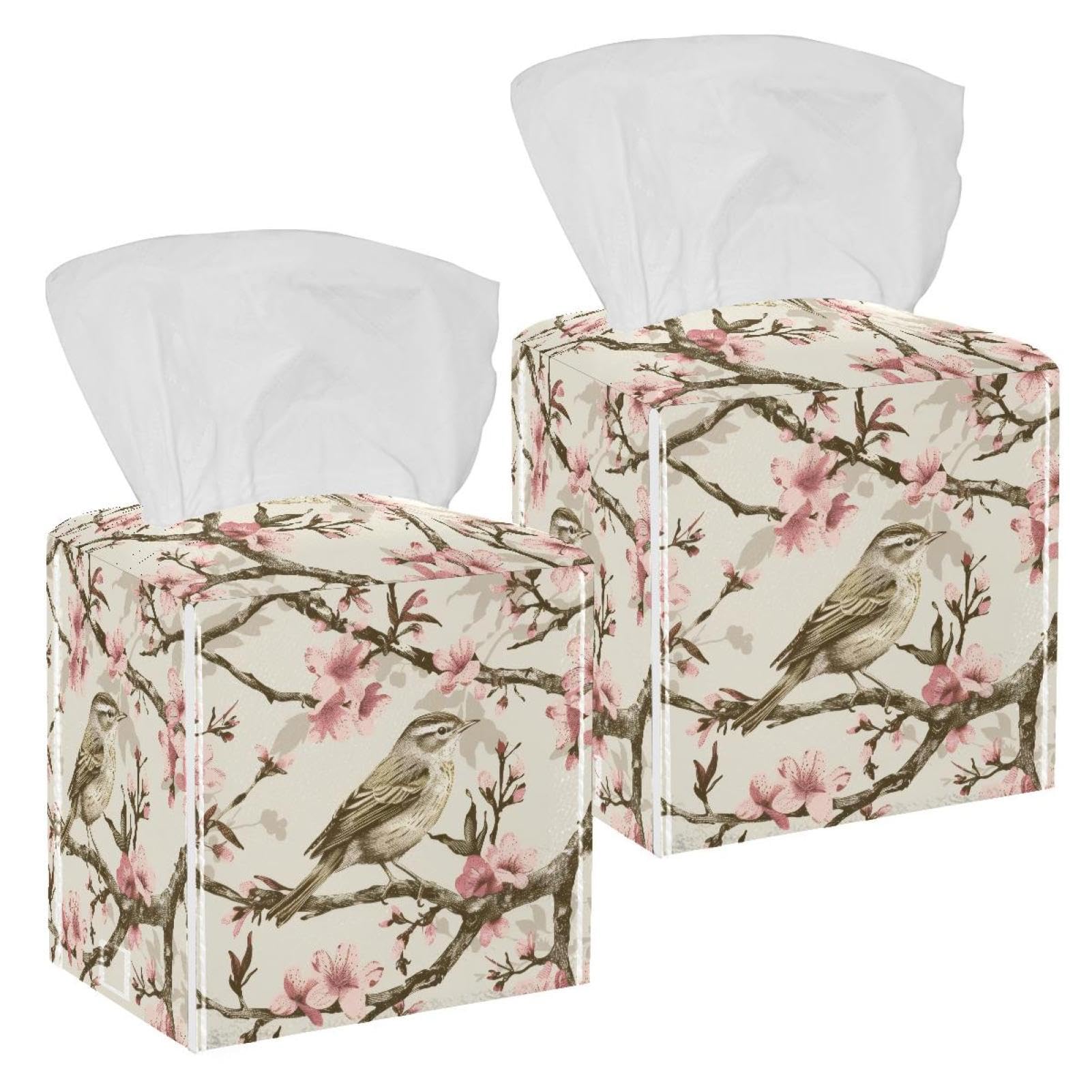 Bird in Spring Tissue Box Cover, 2 Pack PU Leather Square Facial Tissue Dispenser Box holder for Home Office Car