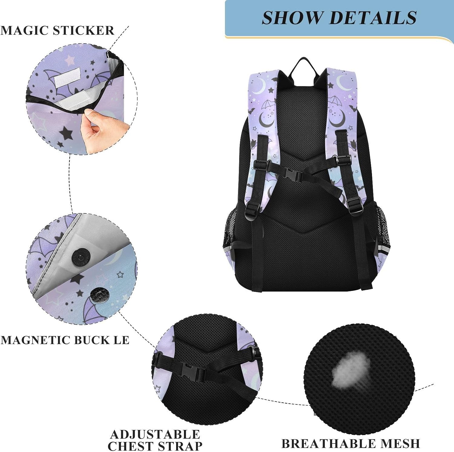 Purple Bat Moon Backpack for Girls-Boys Middle-School Elementary Bookbags Toddler School Bags Child Lightweight Preschool Large Bookbags