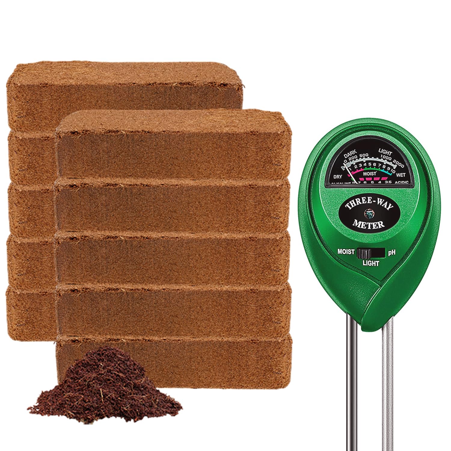 Coco Bliss 650gm Bricks (10-Pack) + Soil Moisture Meter - Organic Coco Coir Bricks with Low EC & pH Balance - OMRI-Listed Coco Coir for Plants, Herbs, Gardening - Compressed Potting Soil Substrate