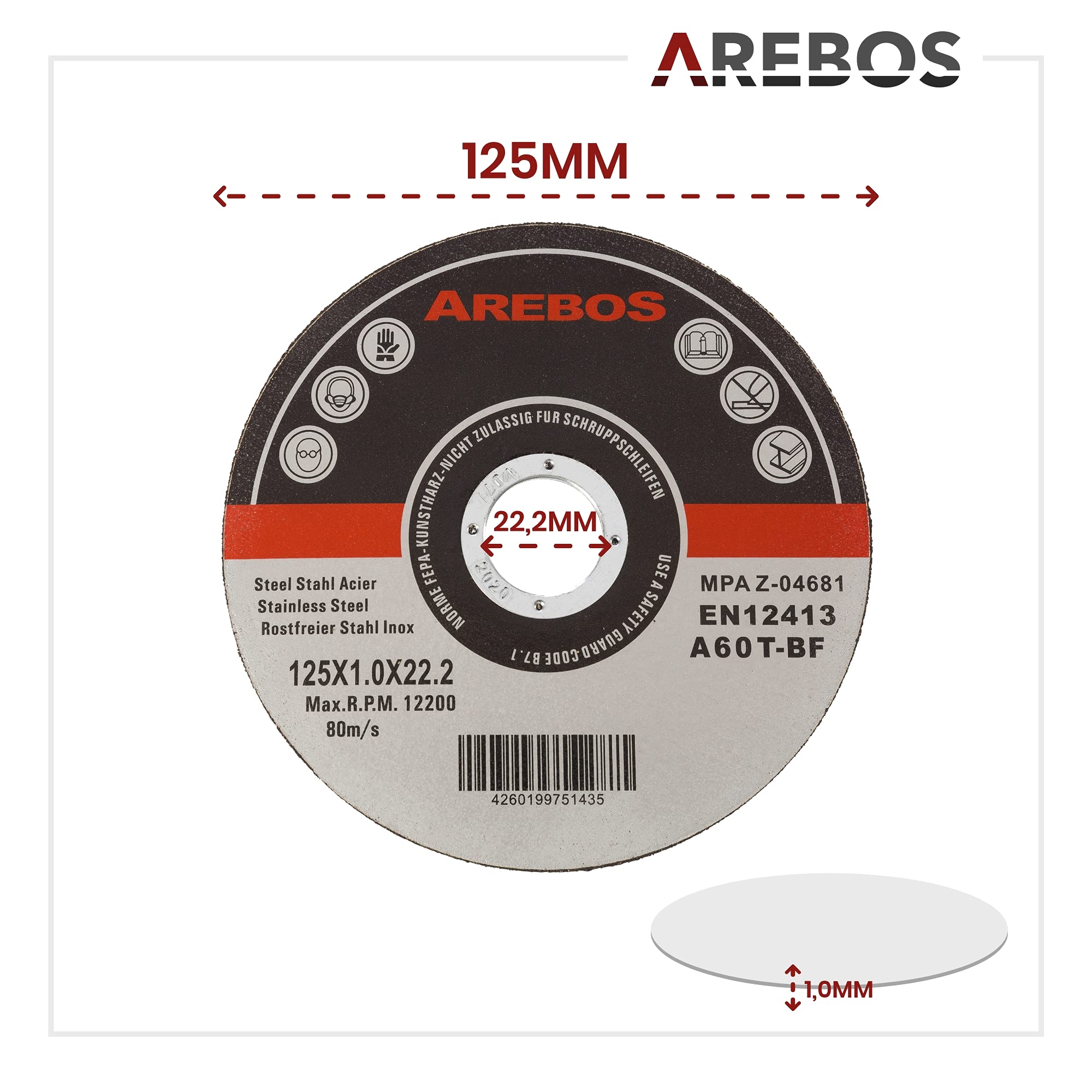 Arebos Dischi da taglio Ø 125 mm, 400 pezzi | adatti per acciaio, acciaio inossidabile, ferro, lamiera, metallo | EN 12413 | certificati dall'ente di controllo dei materiali (MPA)