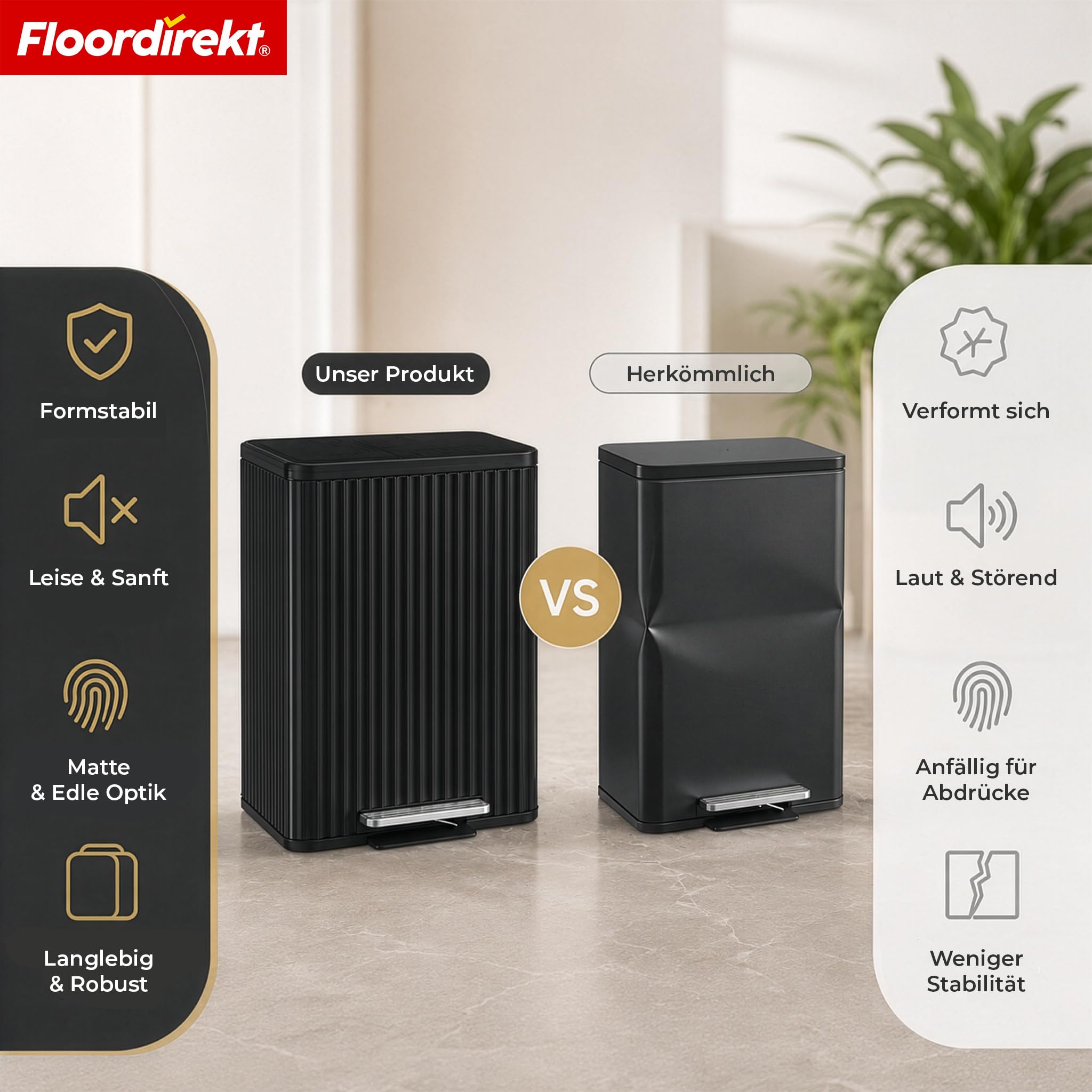 Floordirekt Mülleimer Küche, Liter, Abfalleimer, Treteimer, mit Deckel, Softclose, Fußpedal, Stahl, Inneneimer | Miles | Schwarz | 50 L