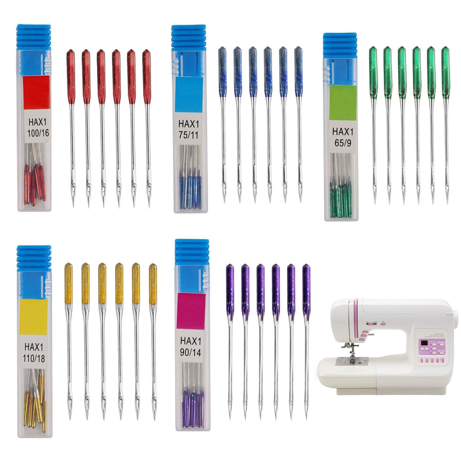 30 Pcs Universal Sewing Machine Needles – Colorful Coded Needles Compatible with Singer, Brother & Most Old Machines – 5 Sizes for Home Sewing, Quilting & DIY Fabrics